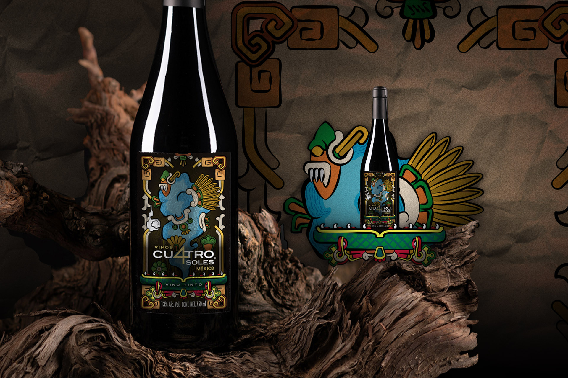 Creative branding for Mexican wine brand Cuatro Soles – cultural identity and label design inspired by ancient mythology