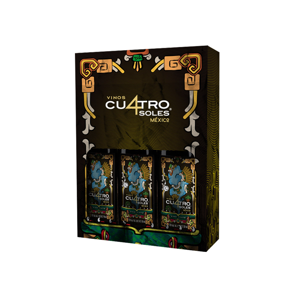 Three-pack wine box design with campaign visuals – Cuatro Soles branding for product packaging and visual storytelling
