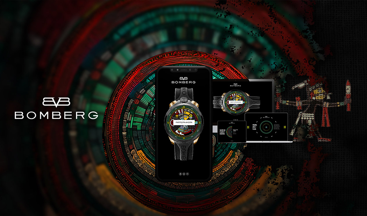 Website mockups with background art reflecting the Tezcatlipoca-inspired branding for Bomberg