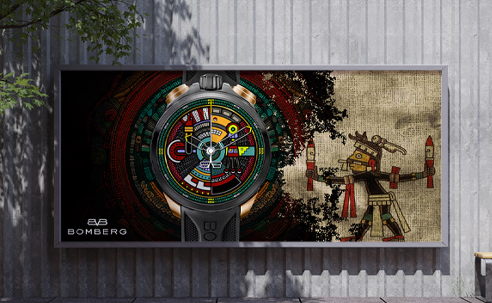 Outdoor advertising campaign showcasing Bomberg's culturally inspired product art