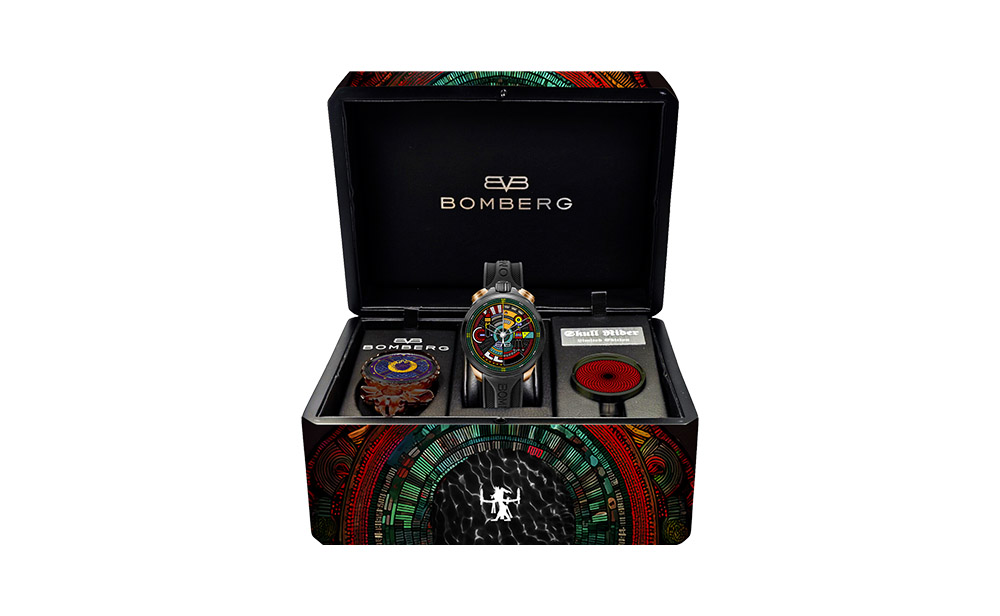 Packaging design for Bomberg – luxury watch box with Tezcatlipoca conceptual art