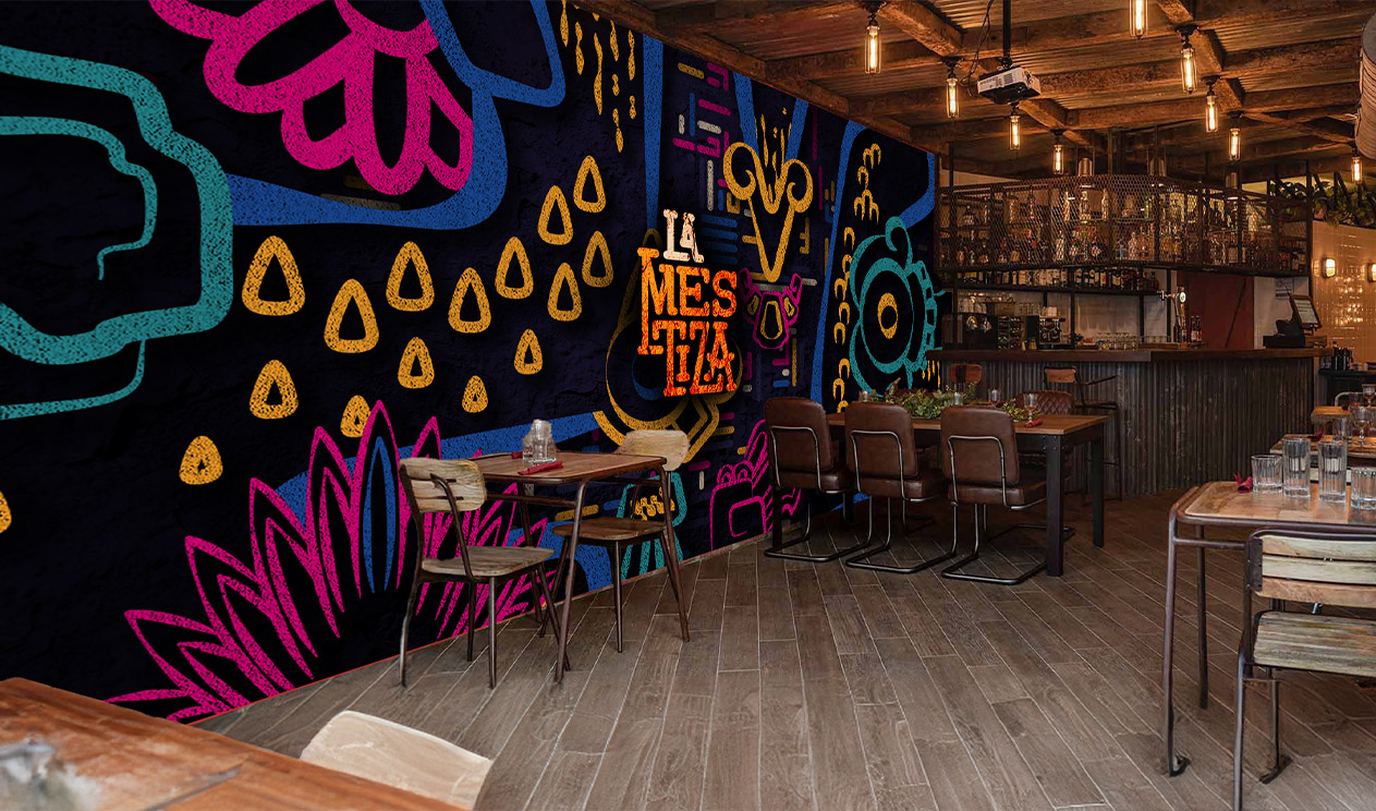 Restaurant photo with wall mural inspired by La Mestiza's signature branding visuals