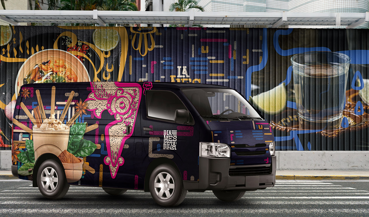 Outdoor advertising and branded vehicle design with La Mestiza's colorful artistic identity
