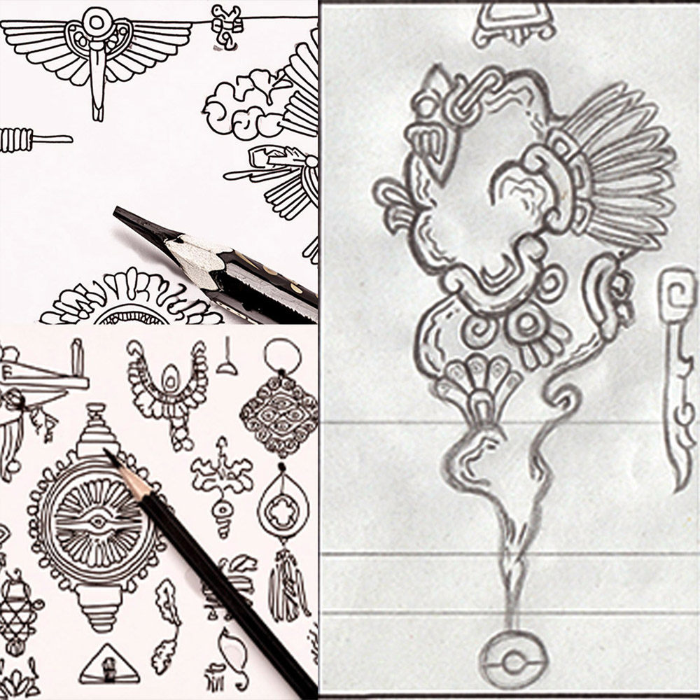 Initial sketches exploring Mexica creation myth for Cuatro Soles campaign art
