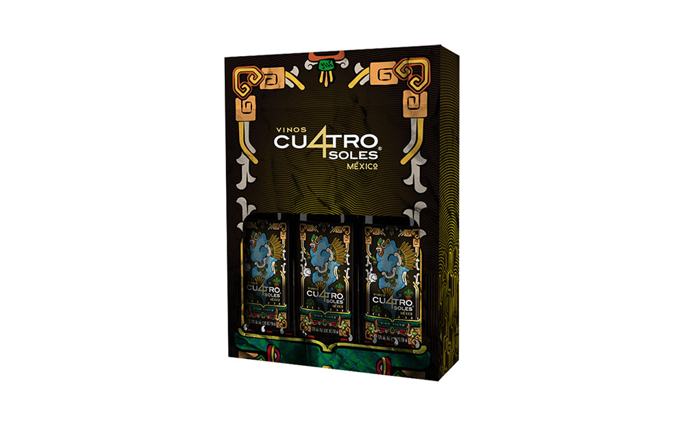 Three-bottle collector box with campaign art for Cuatro Soles – premium wine packaging