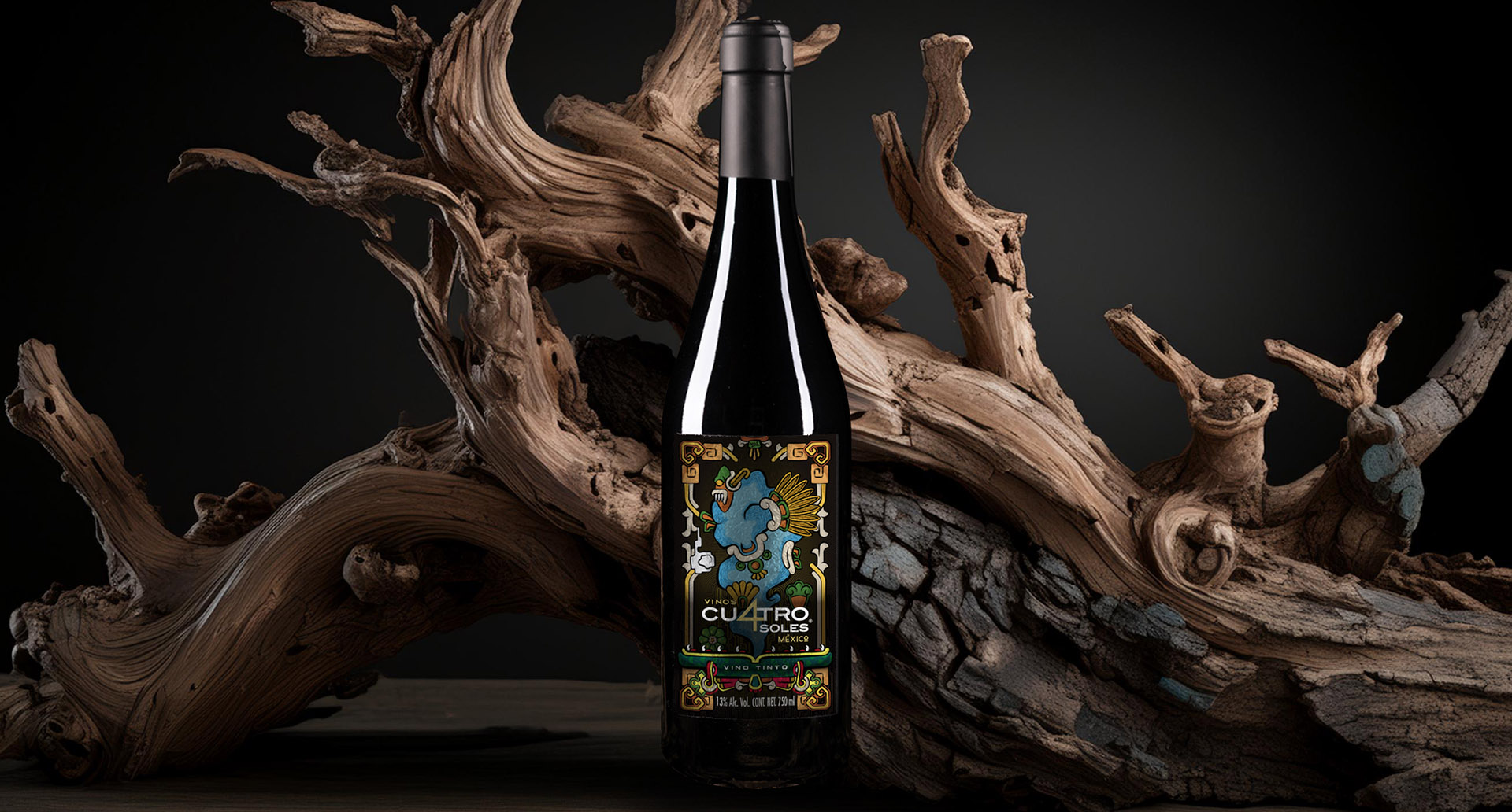 Styled bottle photo showing campaign label applied to Cuatro Soles wine